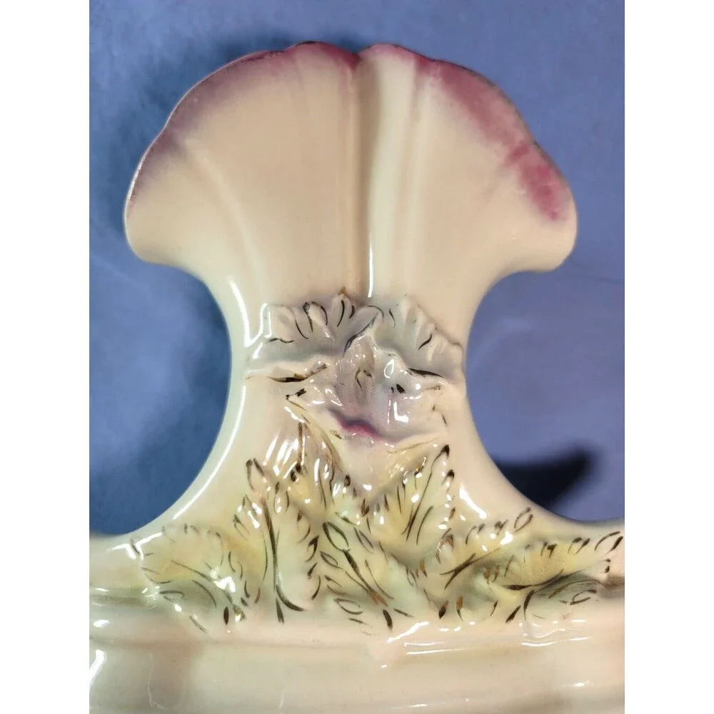 Unique Vase Floral Iridescent Cornucopia Double VTG MCM Ceramic w/ Gold Rim